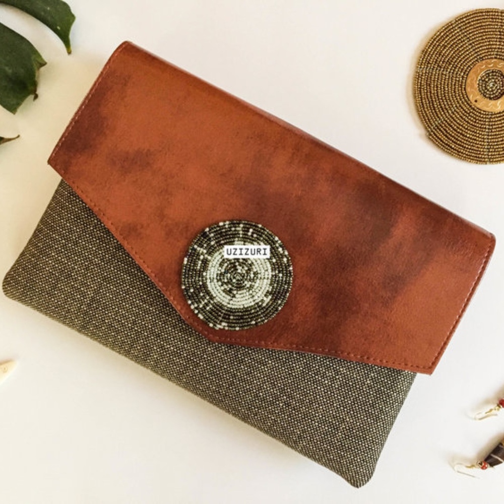 Vegan Leather/Brown Fabric Clutch